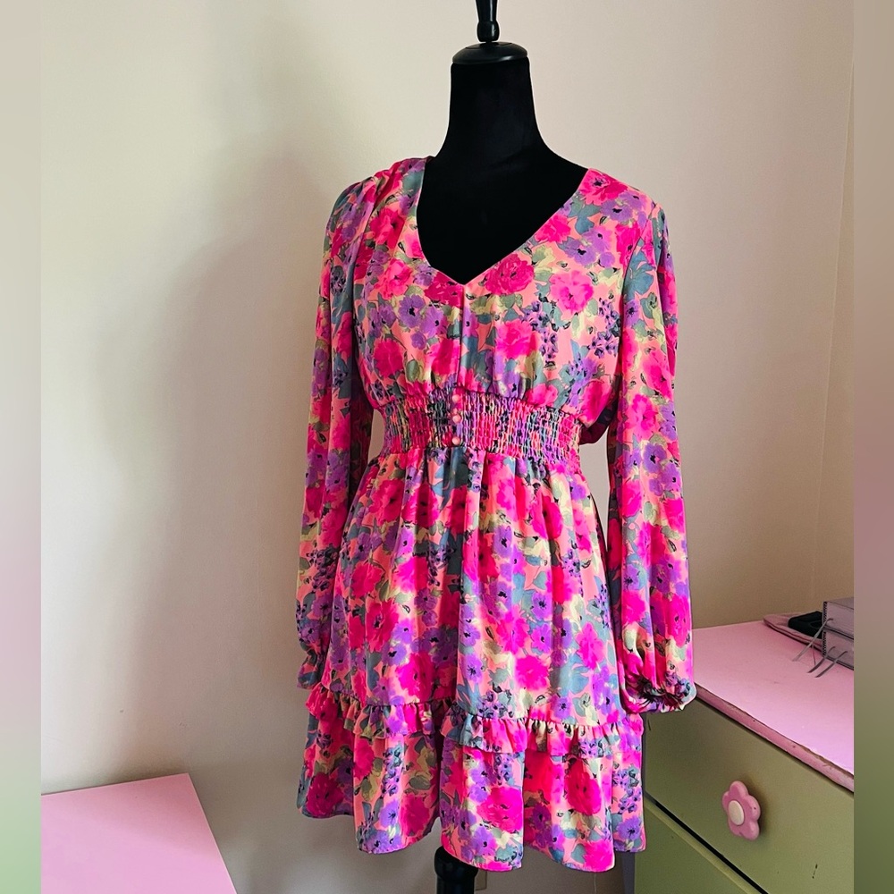 Chiffon day dress with lining with elastic waist, Long Sleeve, Casul dress